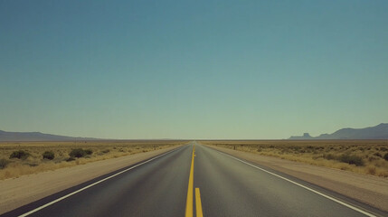Fototapeta premium A cinematic view of a long, desolate road stretching into the horizon on a clear day, under a vast blue sky. Captured with muted colors, a flat horizon line, for a dramatic view.
