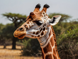 Obraz premium A close-up of a giraffe in a golden savanna, with clear blue skies and acacia trees in the background, capturing its curious expression and intricate patterns