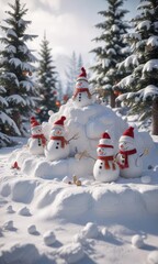 Obraz premium A group of snowmen building a snowfort, with Christmas decorations scattered around them, , christmas decorations