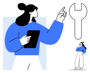 Woman in blue top holds a digital tablet, pointing at an oversized wrench. Smaller version of the woman stands thoughtfully. Ideal for problem-solving, technology, innovation, guidance, solutions