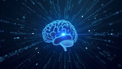 Blue Brain with Radiant Light Rays on a Futuristic Background