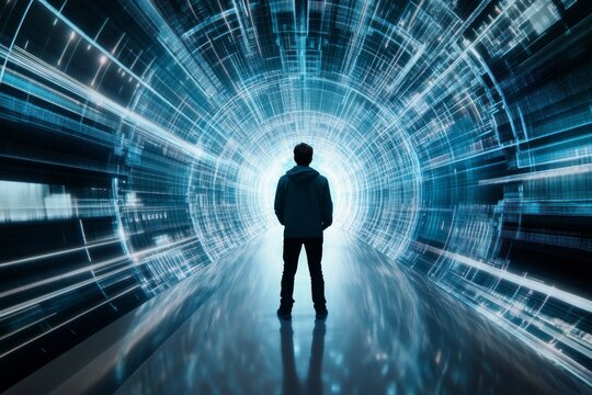 Man before a supermassive quantum computer with glowing lights