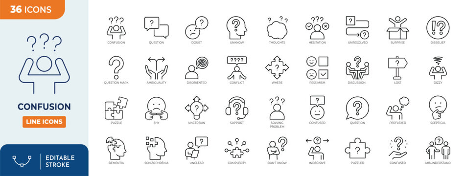 Confusion icon set. Containing confused, uncertain, lost, unclear, misunderstand, hesitation, ambiguity, and more. Outline Icon Collection. Vector illustration. Editable stroke	