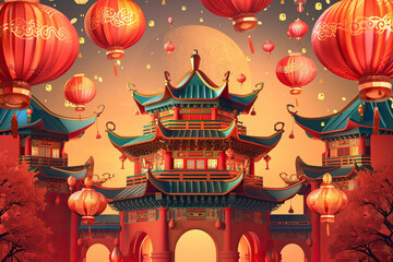 Fototapeta premium Beautiful holiday composition for happy celebrate chinese festival of lanterns, abstract vivid composition consists of fictional unreal fantastic vision on background
