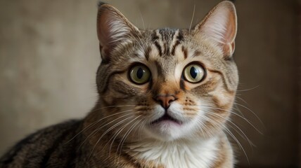 Fototapeta premium Close up portrait of a beautiful cat with big eyes expressing shock and surprise