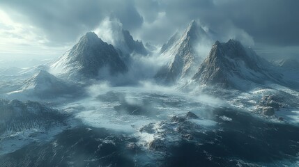 Fototapeta premium Majestic Winter Wonderland: Breathtaking Aerial View of Snow-Capped Mountains and Icy Waters