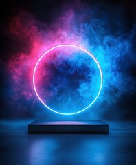 Neon Circle Light with Smoke and Platform - Abstract Background