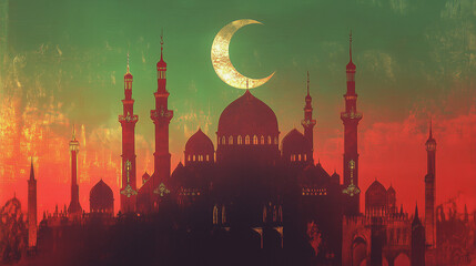 Eid al-Fitr banner with emerald green to gold gradient background, featuring a silhouette of a mosque with tall domes and minarets, decorated with a large crescent moon on top, Ai generated images