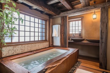 Fototapeta premium Rustic Wooden Bathroom With Soaking Tub And Stone Sinks
