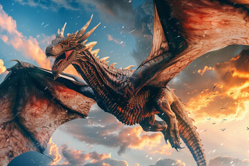 Obraz premium Fantastically beautiful mythological dragon with big wide wings, abstract vivid composition consists of fictional unreal fantastic vision on background