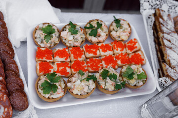 appetizer dish. In the center of the white tray are tartlets filled with salad and garnished with sprigs of parsley. Next to them are small square pieces of bread