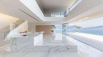 Fototapeta premium A modern kitchen with an island featuring white marble