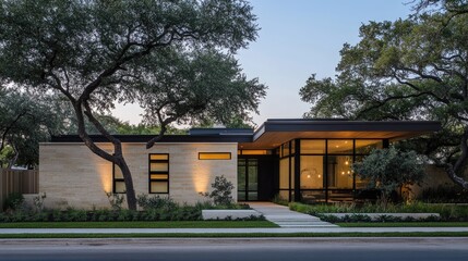 Fototapeta premium A modern small bungalow with large windows, a sleek roofline, and minimalist landscaping