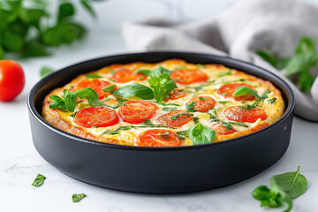 A black pan with a pizza in it and a bunch of basil and tomatoes on top