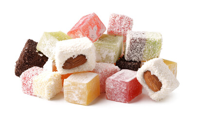 Colorful assortment of traditional sweets with nuts served on a white background