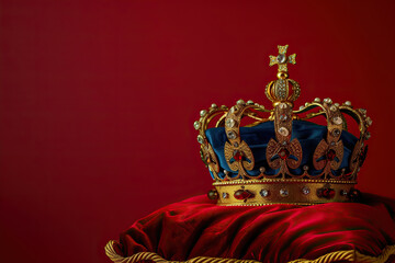 Fototapeta premium Fantastic beautiful king or queen crown from vivid gold material for coronation, abstract vivid composition consists of fictional unreal fantastic vision on background