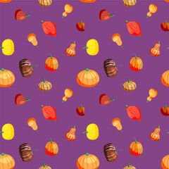 Seamless pattern on a purple background from different orange pumpkins. Suitable for wrapping paper, gifts, cards. Vector illustration