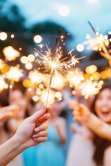 A group of people are holding sparklers and smiling