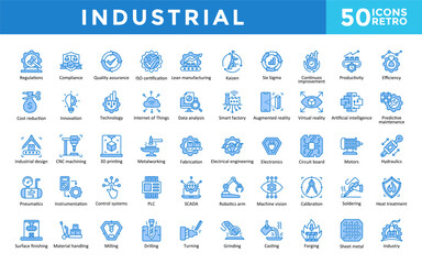 Industrial icon set with regulations, compliance, quality assurance, iso certification, lean manufacturing, kaizen, six sigma, continuous improvement, productivity icon. Simple retro vector 

