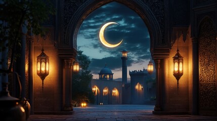 Enchanting Crescent Moon Over a Mystical Mosque