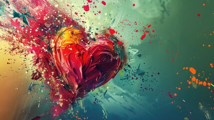 A vibrant, colorful,  depicting a red heart exploding in a burst of paint and color.