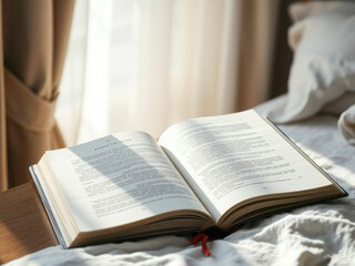 Fototapeta premium A book lying open on a bedside table, illuminated by a soft morning light pouring through the window, morning glow, sunrise, light