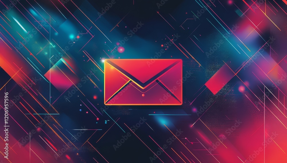 Poster Abstract digital art of a red email icon on a dark background with glowing lines and shapes.