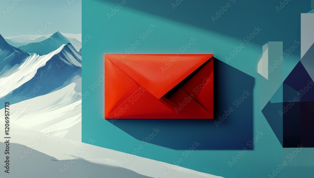 Poster red envelope on teal background with mountain view.