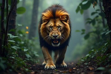 Fototapeta premium An angry lion emerges from behind the thick, foggy, and dark tropical forest bushes