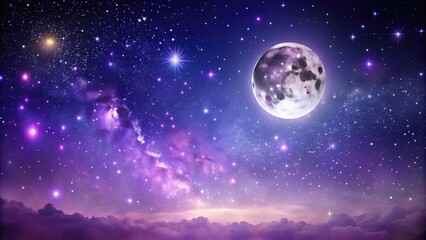 Fototapeta premium A deep, rich purple night sky with twinkling stars and a full moon, surreal, moon