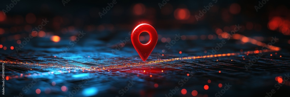 Poster glowing red location pin on dark digital map.