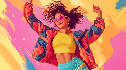 Happy Woman Dancing in Vibrant Retro Outfit