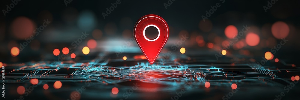 Poster red location pin on digital map.