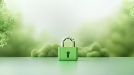 Enhanced security, a green padlock on rustic wooden table amidst serene natural backdrop