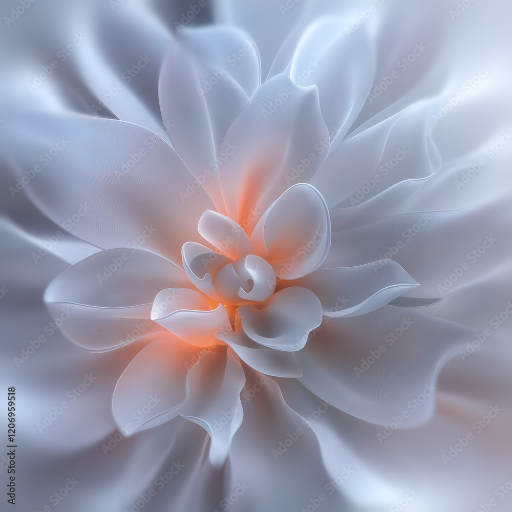 Leinwandbilder the translucent white petals of the abstract flower gently curve around the bright orange light, cre