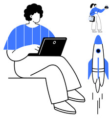 Person working on laptop, another offering coffee, rocket launching nearby. Ideal for remote work, teamwork, productivity, creativity, innovation startups motivation. Abstract line flat metaphor