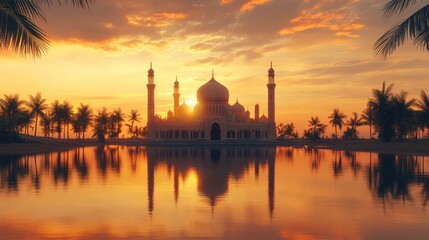 Serene Mosque at Sunset with Water Reflection