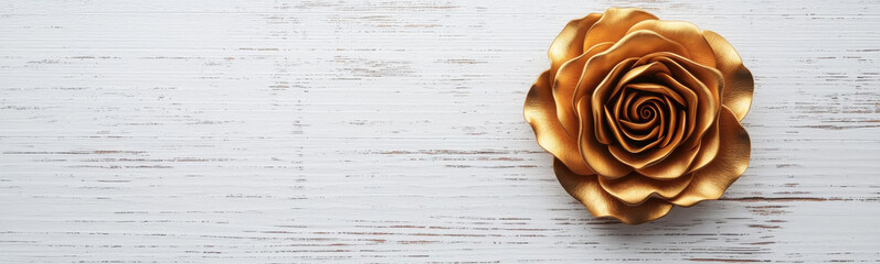 Golden rose on white wooden background, elegant and minimal design