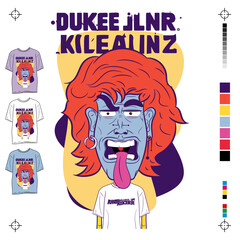 Estampa para T-shirt, camiseta,. Homem ruivo de pele azul com cabelos longos e express&atilde;o engra&ccedil;ada