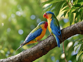 Obraz premium colorful lovebirds perched on a tree branch, displaying vibrant plumage with shades of blue, orange, and yellow, set against a soft, blurred green background
