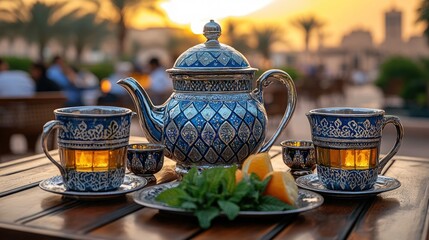 Sunset tea ceremony, outdoor cafe, mint
