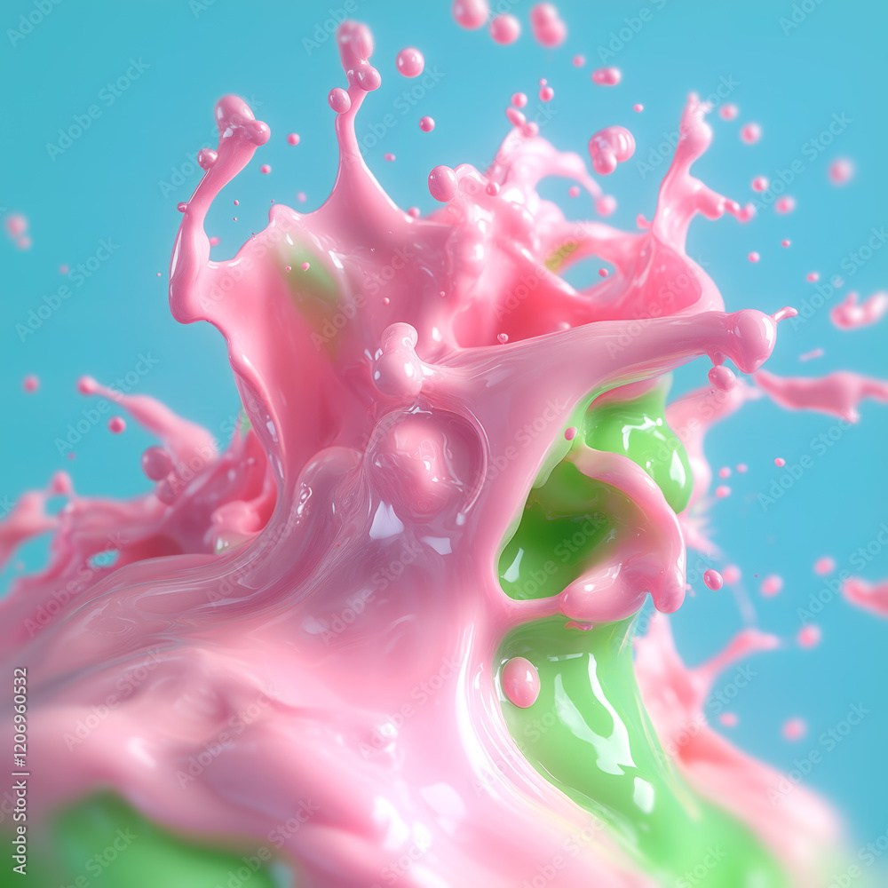 Poster energetic burst of bright liquids in pinks and greens, surrounded by splashes and drops. the blue ba