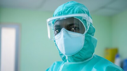 Closeup of a surgeon wearing protective mask and goggles before medical procedure