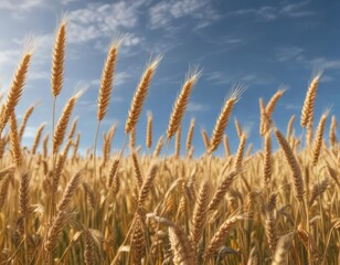 Fototapeta premium A field of tall, golden wheat swaying gently in the breeze, against a clear blue sky , agriculture, sky, aerial view