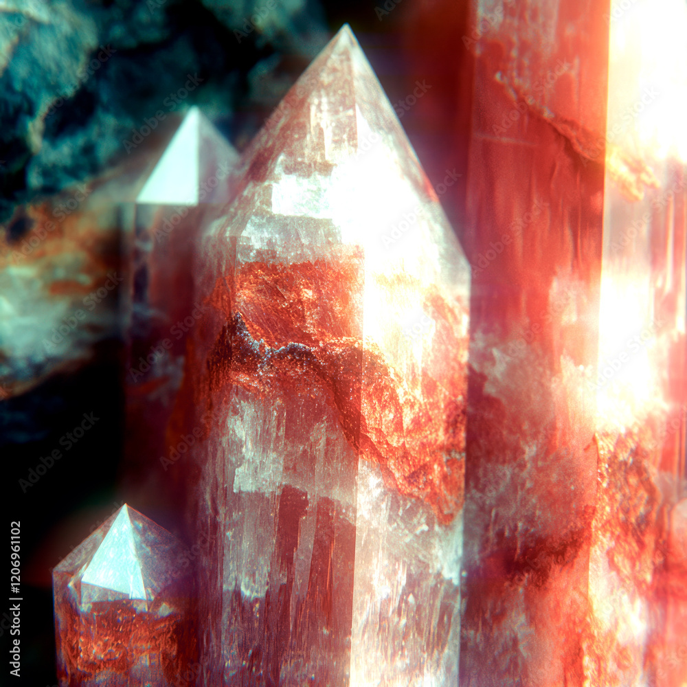 Poster crystals with a translucent texture shimmer in soft shades of amber and golden copper. the compositi
