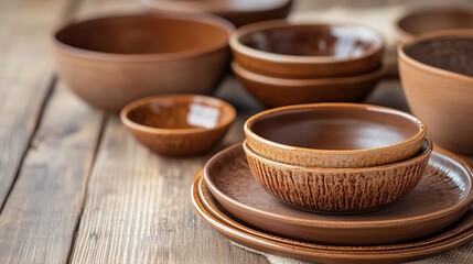 Beautifully crafted ceramic bowls and plates arranged on a rustic wooden table in a cozy kitchen setting. Mocha Mousse trend color 2025