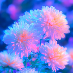 Illustration of delicate flowers with petals in soft shades of white and pink. The blue-purple gradient of the background emphasizes the lightness of the composition, creating a sense of harmony
