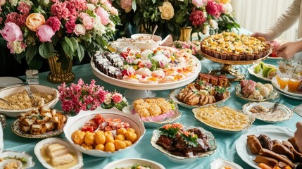 A Lavish Buffet Table with an Array of Delicious Dishes and Elegant Floral Arrangements