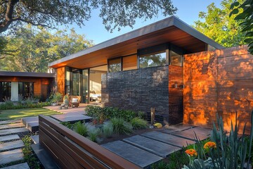 Modern architecture with vibrant dark copper brick walls and an elm wood fence.