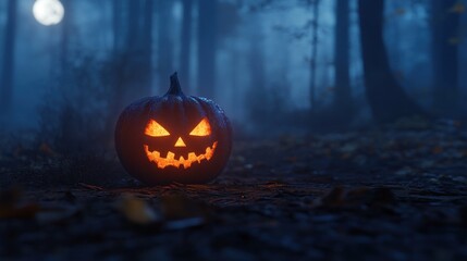 Spooky Halloween Pumpkin in a Foggy Forest
